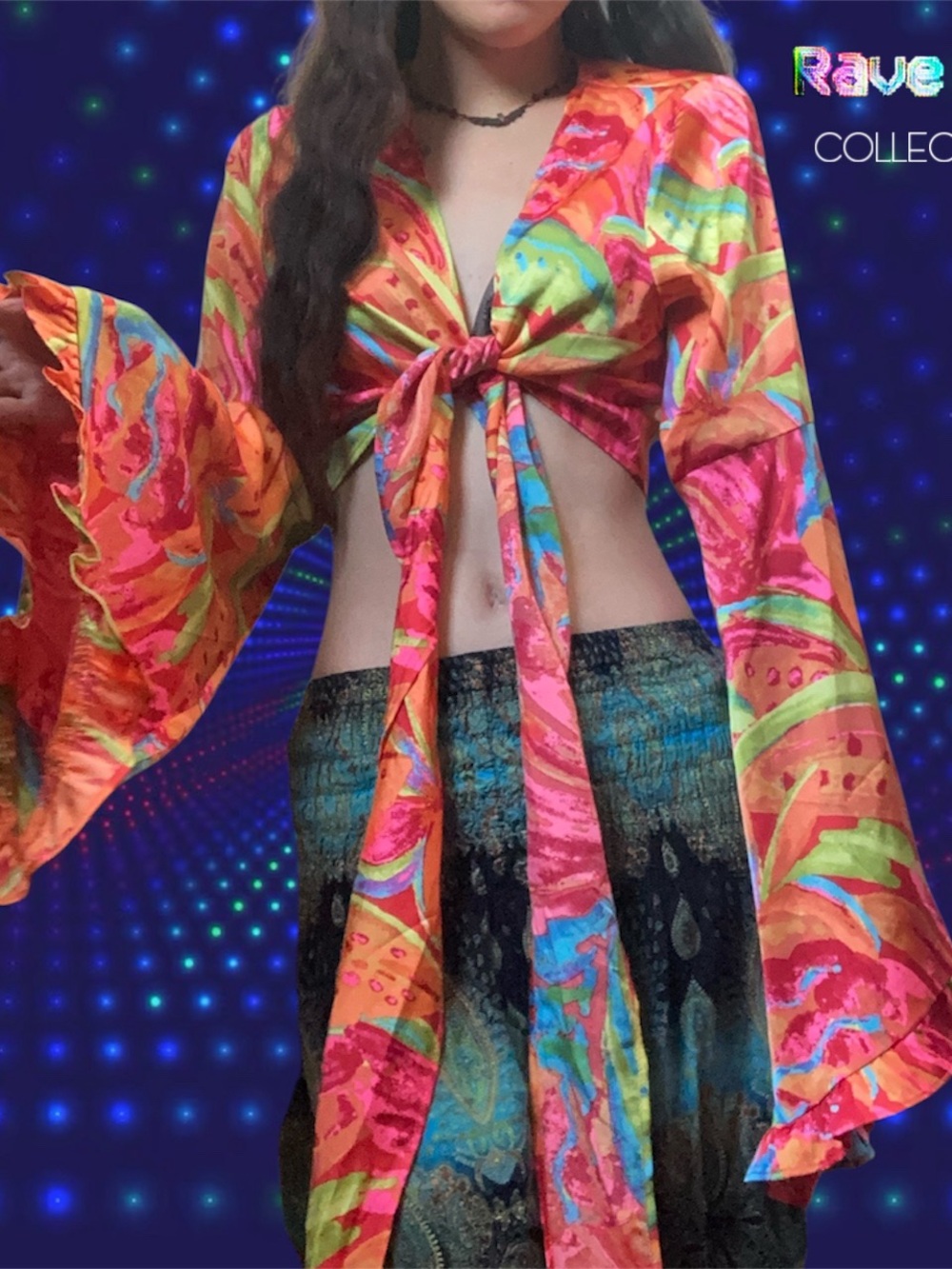 Rave Styled Forever21 Satin Bell Sleeve Tie Dye Top